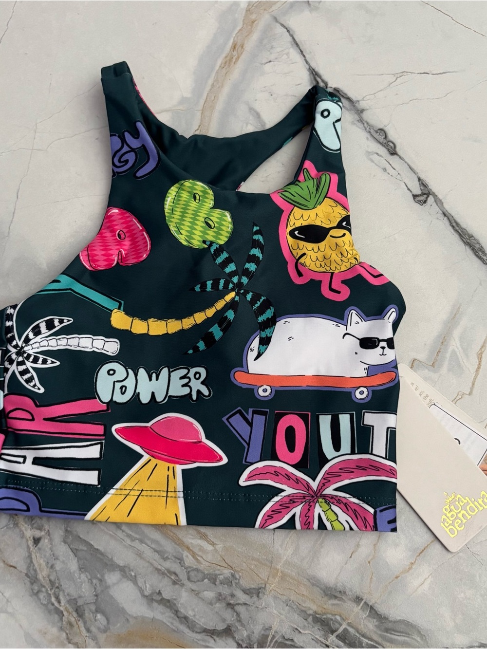 Agua Bendita Kids Graphic Crop Top in Black with Pink, Green, Yellow Accents